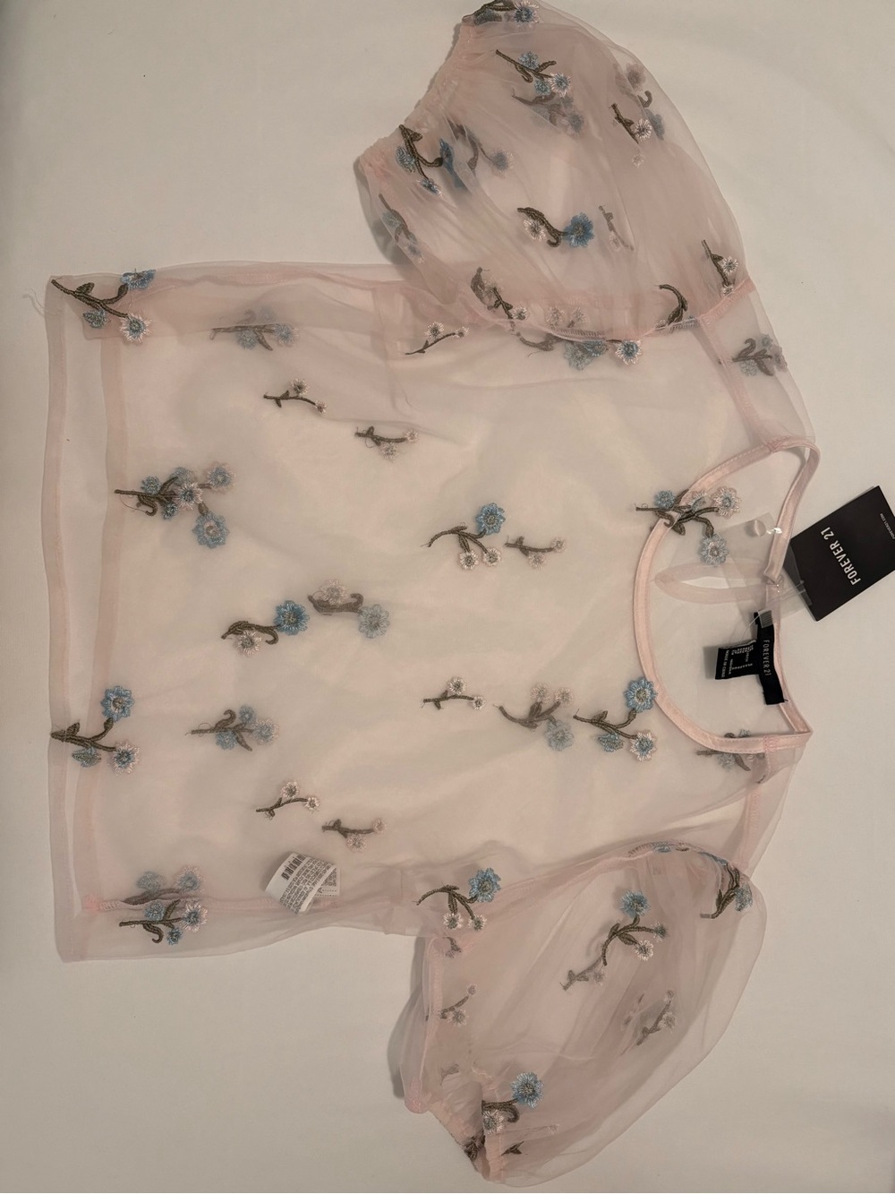 Forever 21 Sheer Pale Pink Floral Embroidered Mesh Top Size S - New